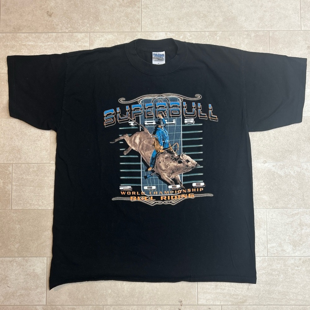 VINTAGE Rodeo Bull Riding World Champ Superbull Tour 2000 Y2K T Shirt XL Black